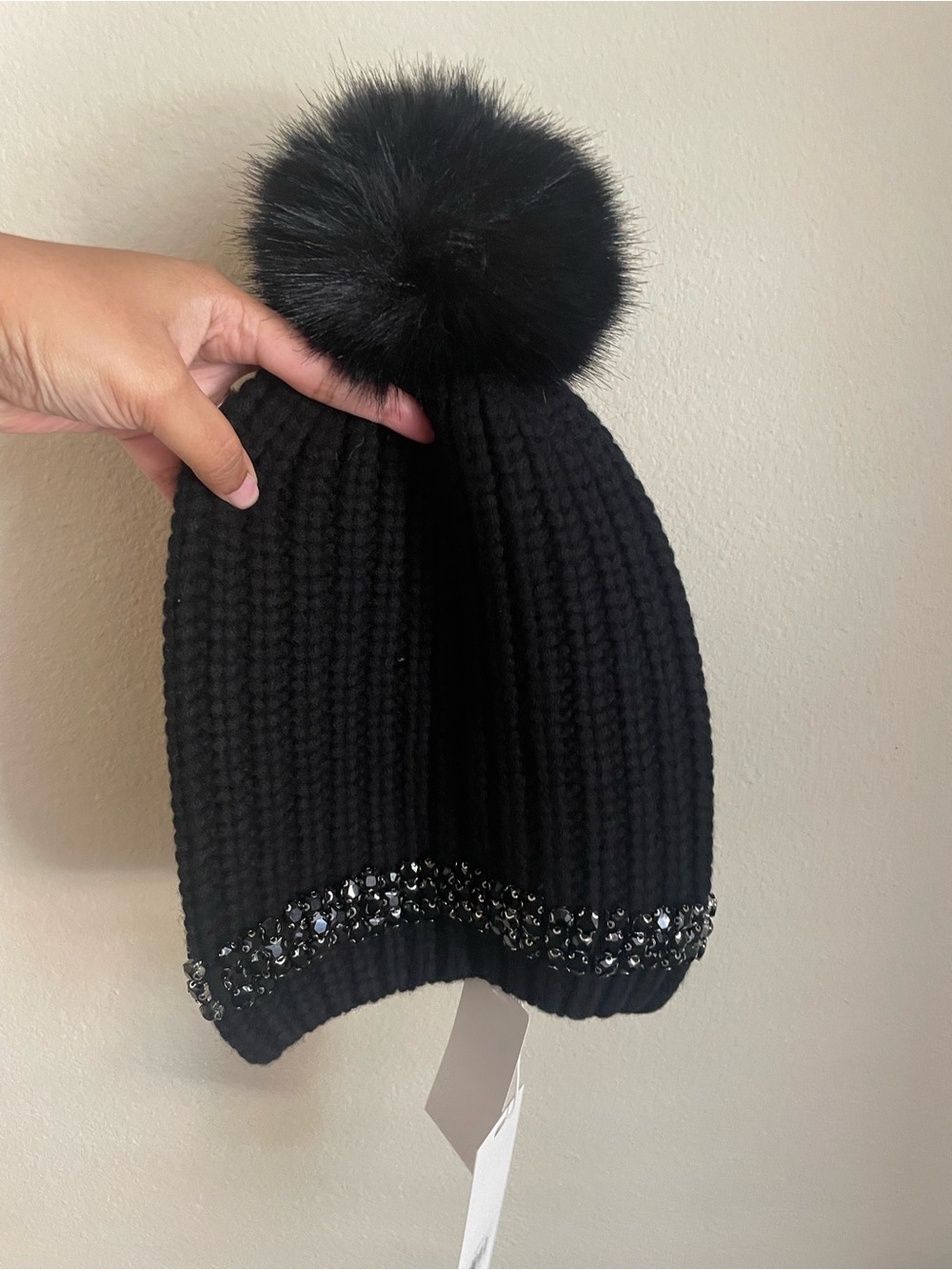 NWT Adrienne Landau Jewel Embellished Wool Beanie faux fur pom pom with stones